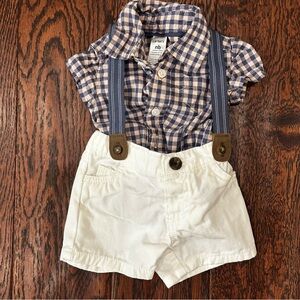 Carter's Blue and Pink Plaid Shirt with White Shorts and Suspenders